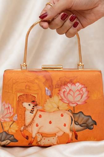 Divine cow lotus hand printed clutchbag for women with detachable strap