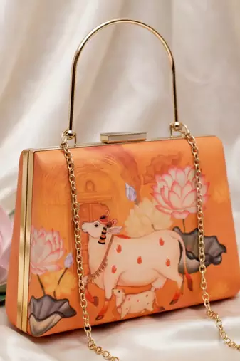 Divine cow lotus hand printed clutchbag for women with detachable strap