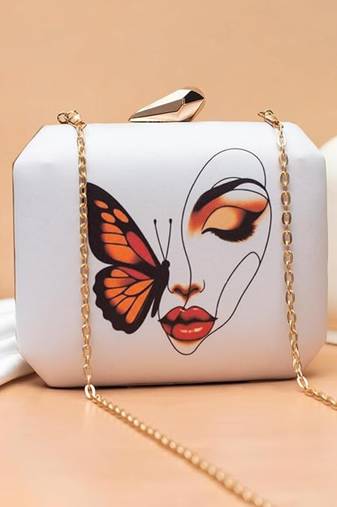Butterfly face abstract beauty printed  clutch bag for women with detachable strap