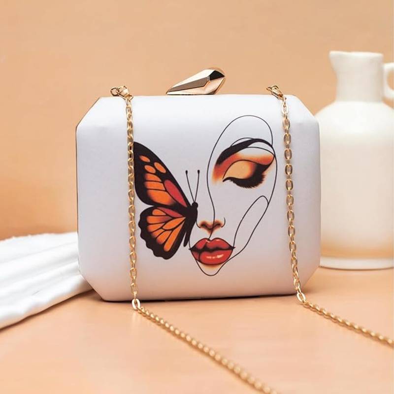 Butterfly face abstract beauty printed  clutch bag for women with detachable strap