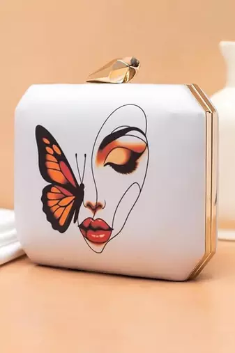 Butterfly face abstract beauty printed  clutch bag for women with detachable strap