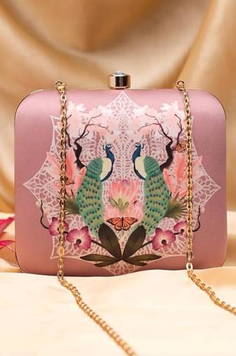 Royal peacock printed clutch for women with detachable chain