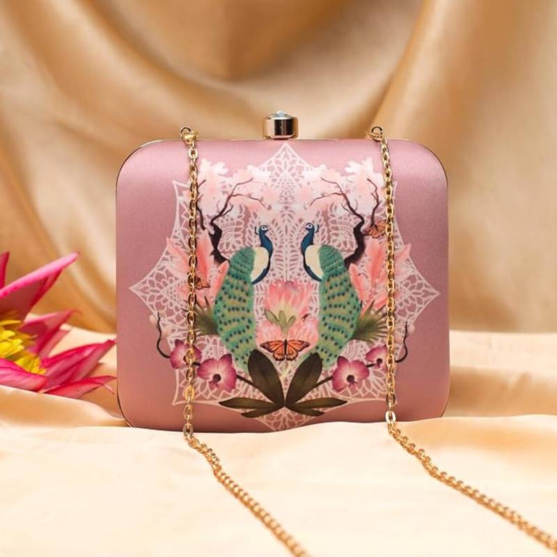Royal peacock printed clutch for women with detachable chain
