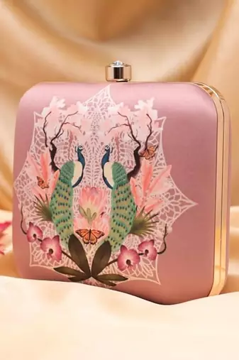 Royal peacock printed clutch for women with detachable chain
