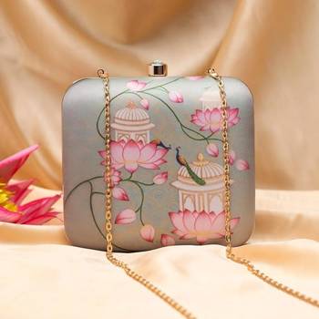 Lotus and peacock printed clutch bag for women with detachable strap 1