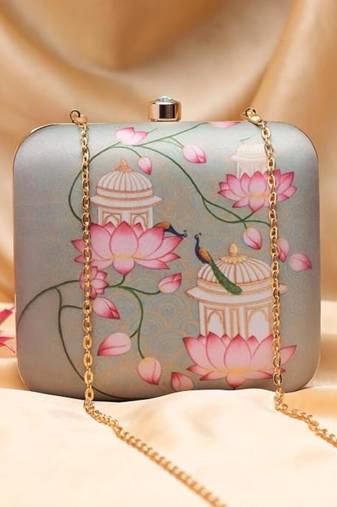 Lotus and peacock printed clutch bag for women with detachable strap