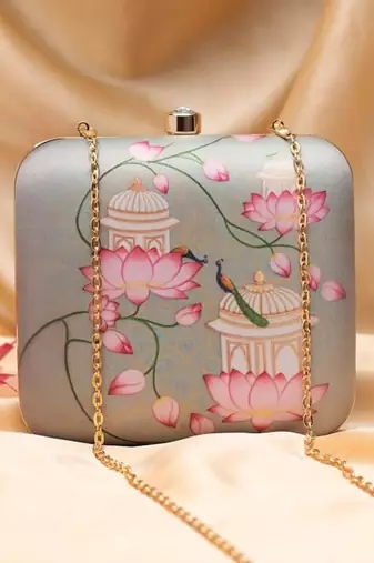 Lotus and peacock printed clutch bag for women with detachable strap
