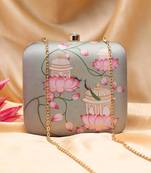 Lotus and peacock printed clutch bag for women with detachable strap
