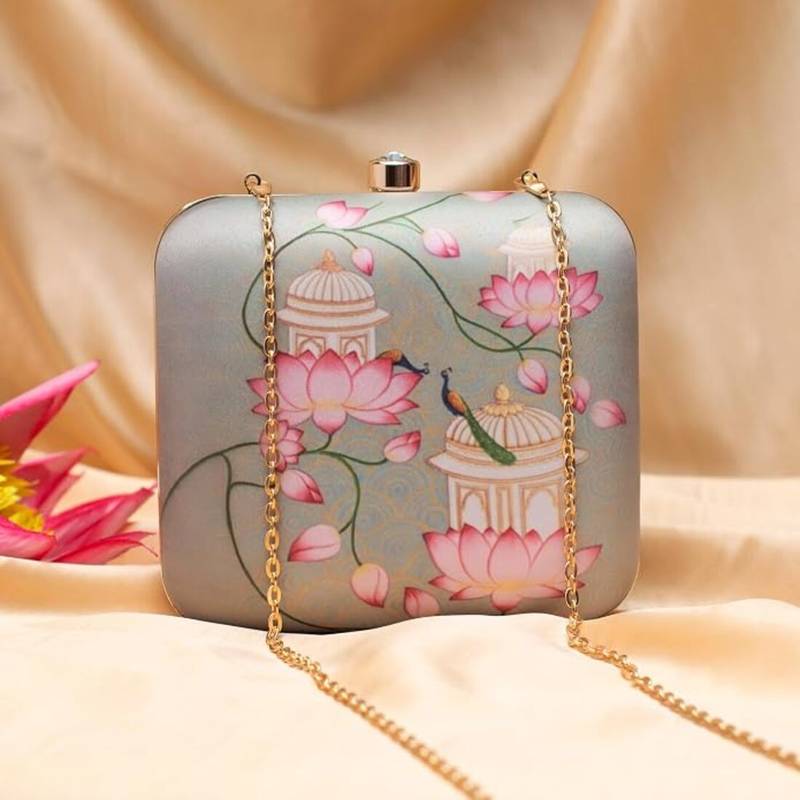 Lotus and peacock printed clutch bag for women with detachable strap