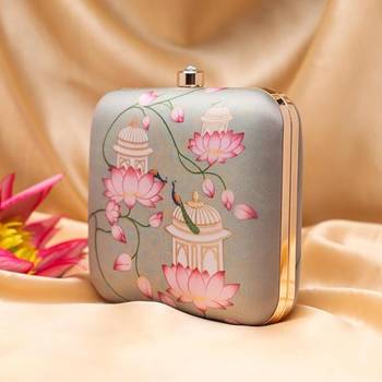 Lotus and peacock printed clutch bag for women with detachable strap 2