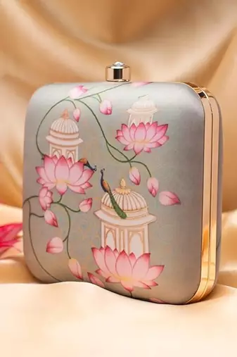 Lotus and peacock printed clutch bag for women with detachable strap