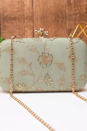 Royal olive pastel blossom clutch bag for women with detachable strap