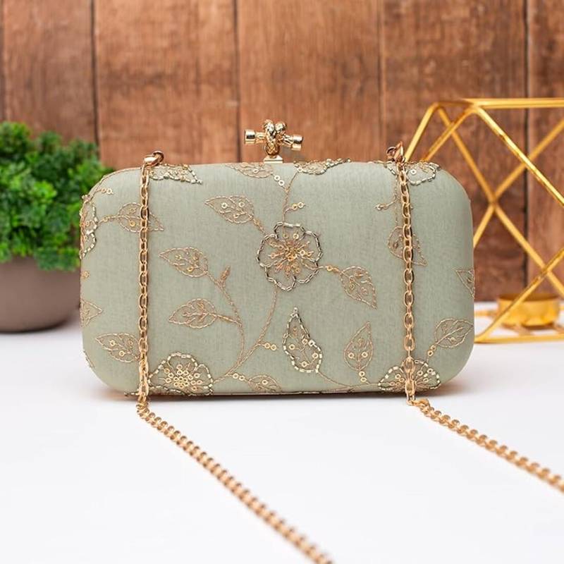Royal olive pastel blossom clutch bag for women with detachable strap