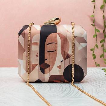 Abstract face art printed clutch for women with detachable gold chain 1
