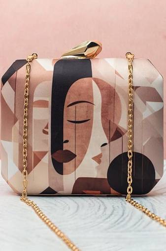 Abstract face art printed clutch for women with detachable gold chain