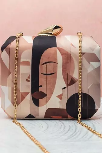 Abstract face art printed clutch for women with detachable gold chain