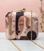 Abstract face art printed clutch for women with detachable gold chain