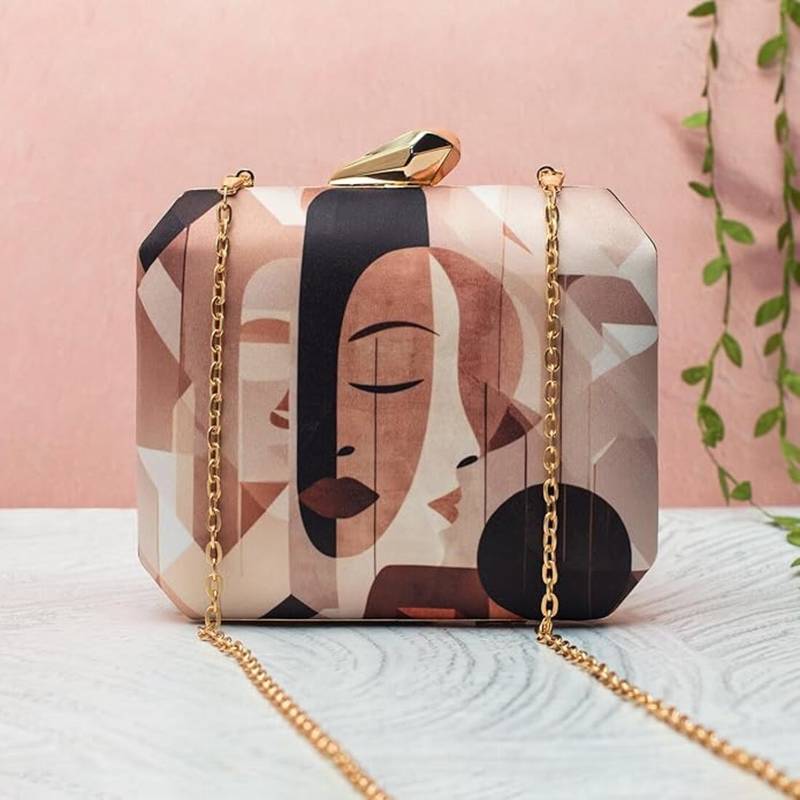 Abstract face art printed clutch for women with detachable gold chain