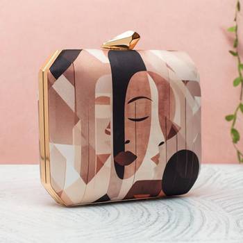 Abstract face art printed clutch for women with detachable gold chain 2