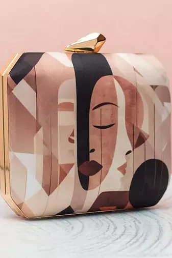 Abstract face art printed clutch for women with detachable gold chain