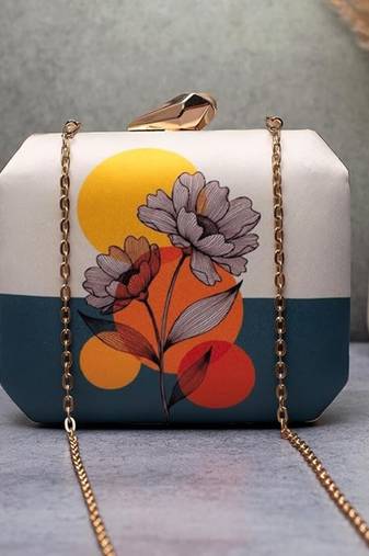 Floral modern art printed clutch bag for women with detachable chain