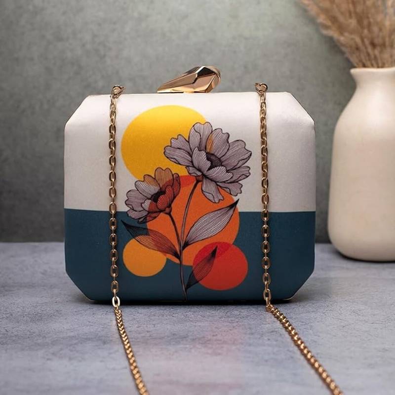 Floral modern art printed clutch bag for women with detachable chain
