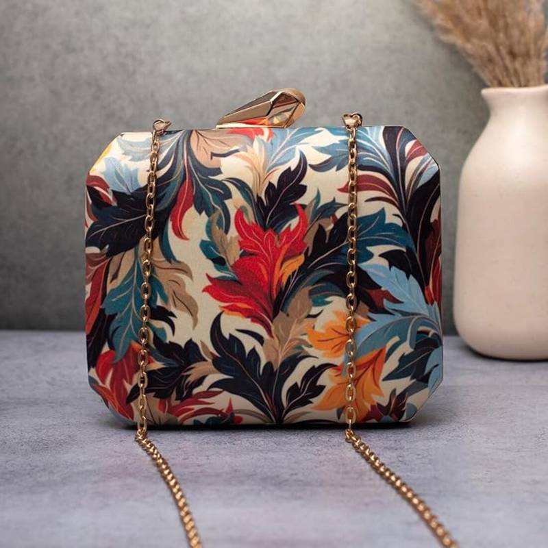 Multi - color floral pattern printed clutch for women with detachable strap