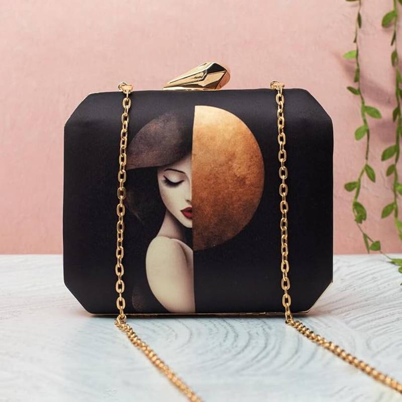 Abstract face art printed clutch bag for women with detachable strap