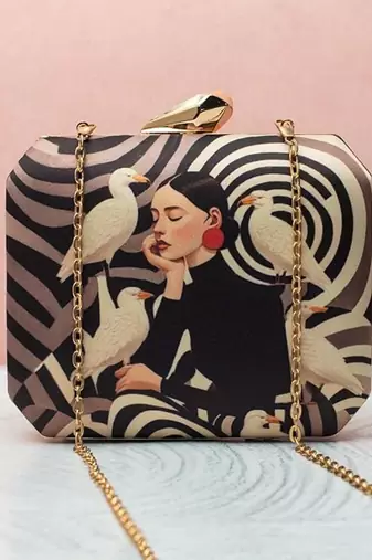 Swirl art printed clutch bag for women with detachable strap