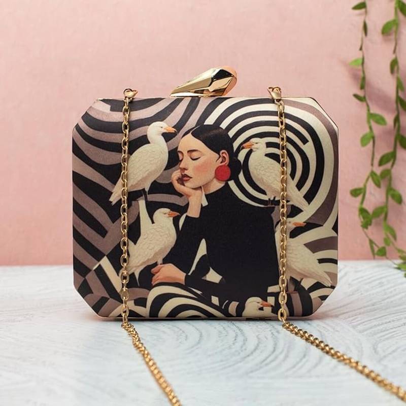 Swirl art printed clutch bag for women with detachable strap