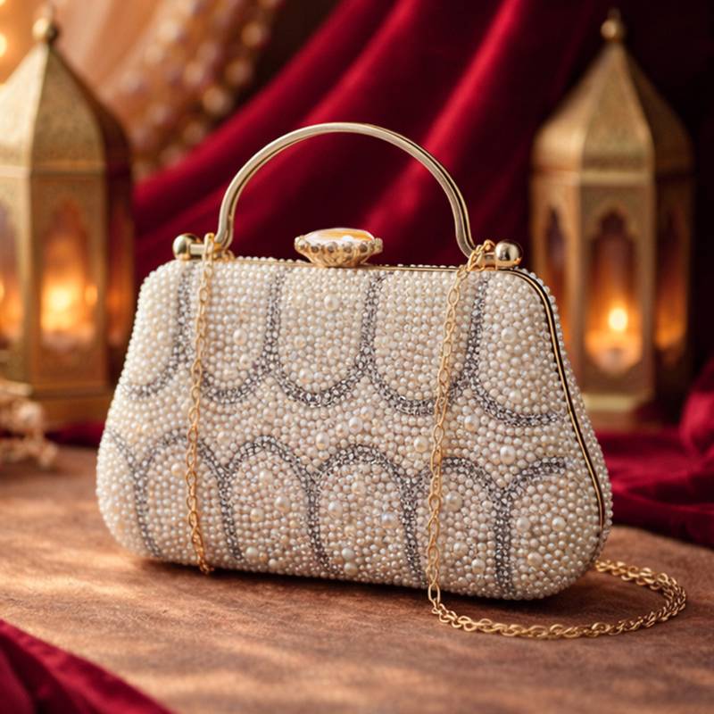 White pearl & arch-pattern handle clutch bag for women with detachable strap