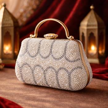 White pearl & arch-pattern handle clutch bag for women with detachable strap 2