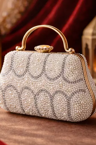 White pearl & arch-pattern handle clutch bag for women with detachable strap
