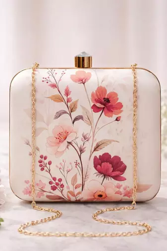 Soft pastel floral portrait clutch bag for women with detachable strap
