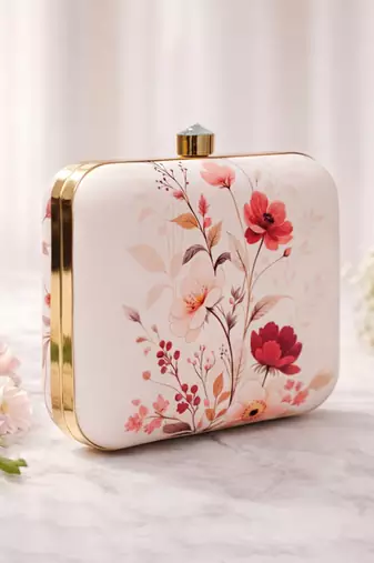 Soft pastel floral portrait clutch bag for women with detachable strap