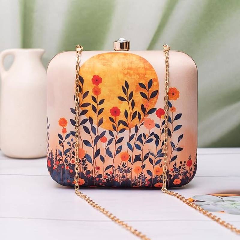Royal ethnic harmony printed clutch for womenwith detachable chain