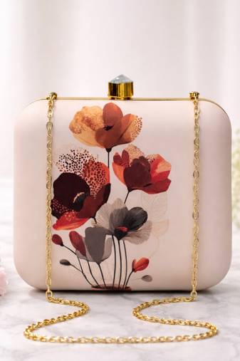 Abstract redbrown floral portrait clutch bag for women with detachable strap