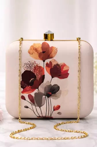 Abstract redbrown floral portrait clutch bag for women with detachable strap