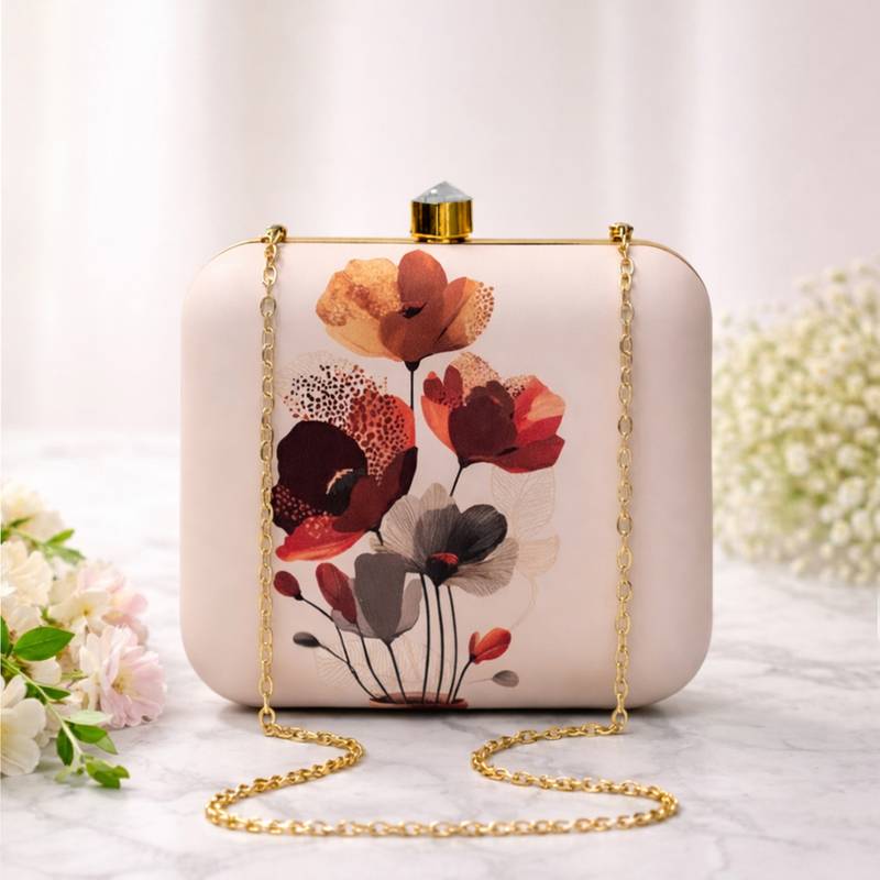 Abstract redbrown floral portrait clutch bag for women with detachable strap