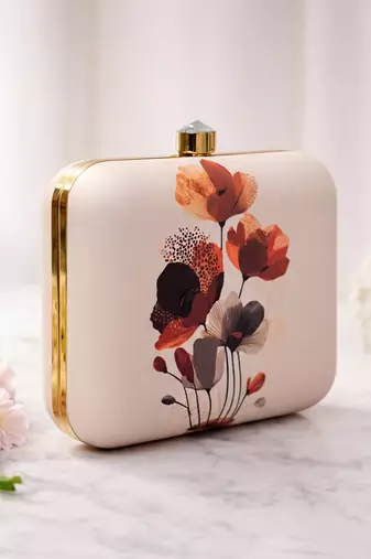 Abstract redbrown floral portrait clutch bag for women with detachable strap