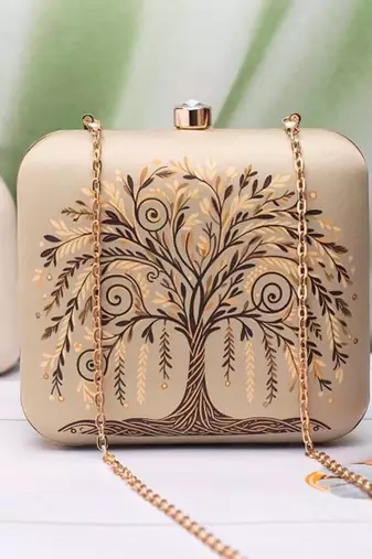 Golden tree pattern printed clutch bag for women with detachable strap