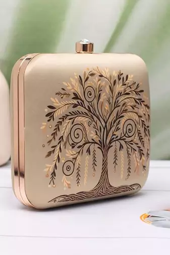 Golden tree pattern printed clutch bag for women with detachable strap