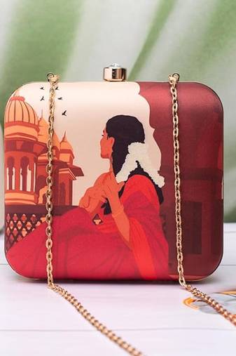 Red saree muse portrait clutch bag for women with detachable strap