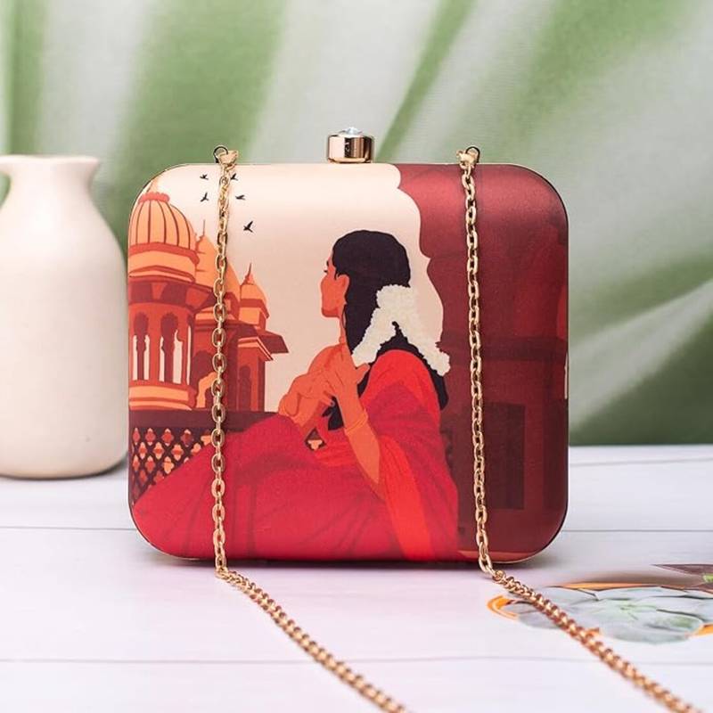 Red saree muse portrait clutch bag for women with detachable strap