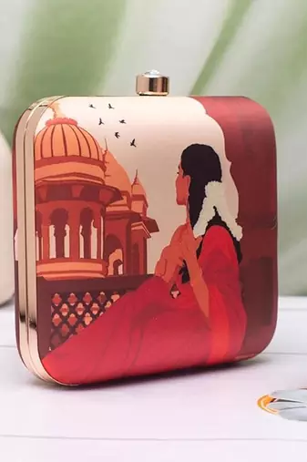Red saree muse portrait clutch bag for women with detachable strap