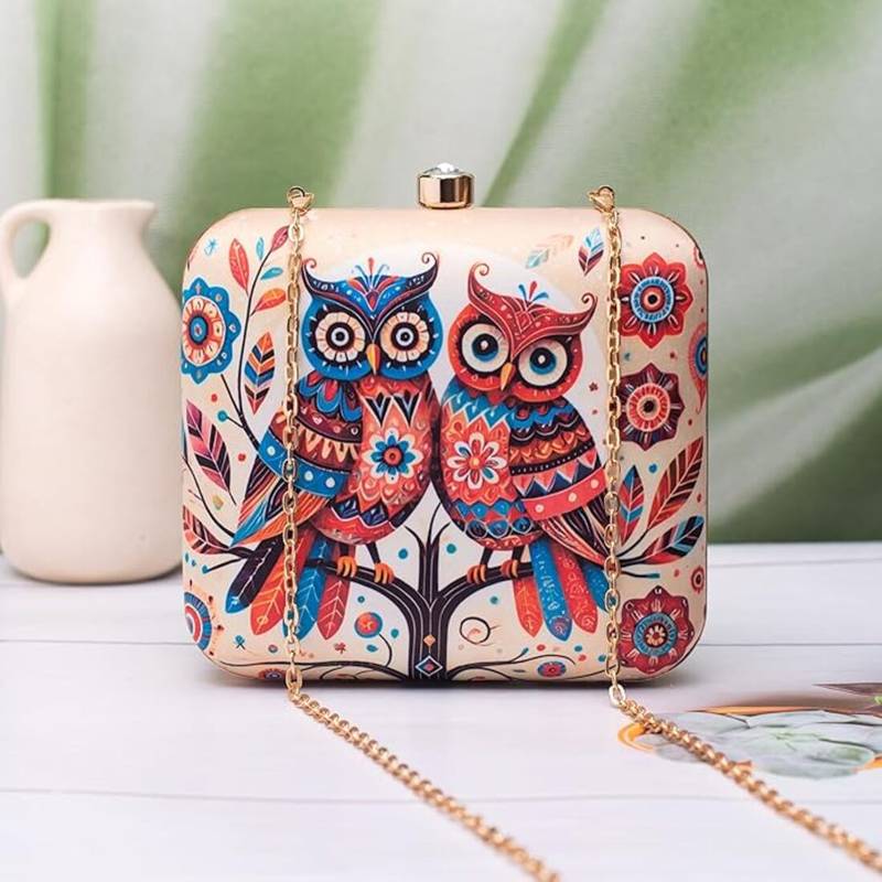 Twin owls printed clutch for women with detachable strap