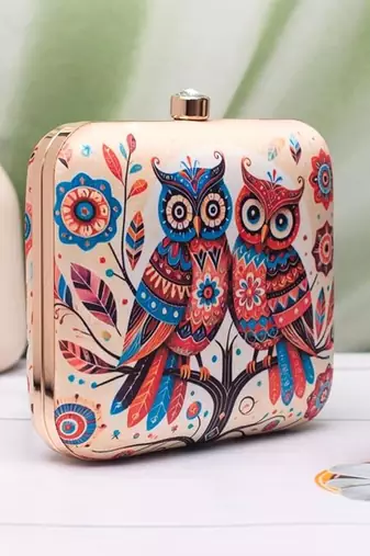 Twin owls printed clutch for women with detachable strap