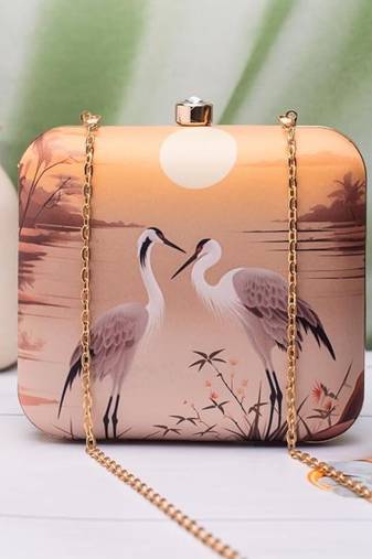 Twin cranes sunset printed clutch for women with detachable strap