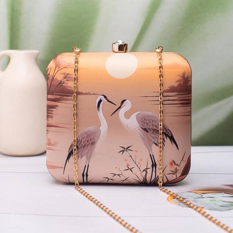 Twin cranes sunset printed clutch for women with detachable strap
