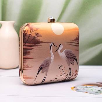 Twin cranes sunset printed clutch for women with detachable strap 2